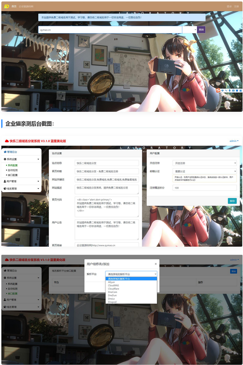  界面很可爱的二级域名分发平台源码带视频教程-小编推荐